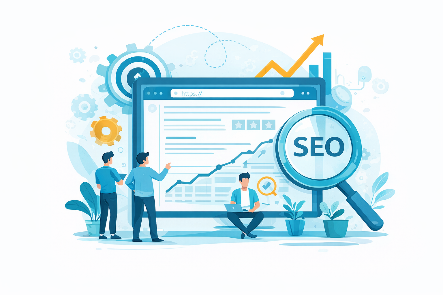 Illustration d’une équipe travaillant sur l’optimisation SEO d’un site web avec analyse des performances et croissance du trafic